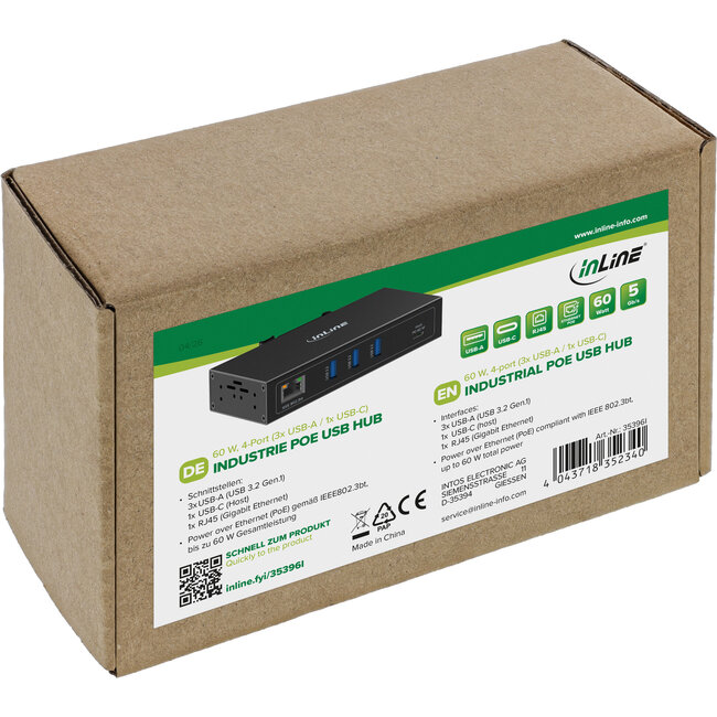 InLine® Industrial 4-Poort USB PoE Hub (3x USB-A / 1x USB-C)