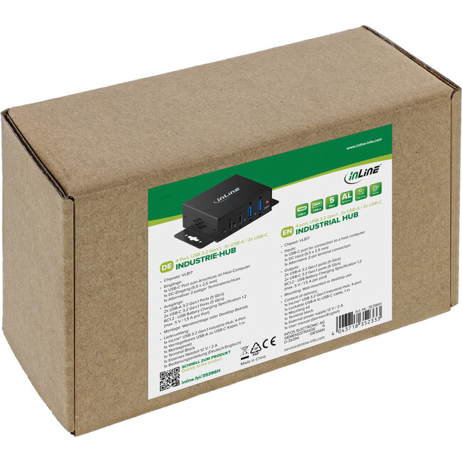 InLine® USB 3.2 industriële hub, 4-poorts, 2x USB-A, 2x USB-C
