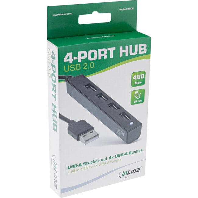 InLine® USB 2.0 4-poorts hub, USB-A male naar 4x USB-A female, kabel 15cm
