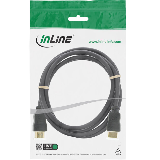 InLine® HDMI High Speed kabel met ethernet, male / male, zwart/goud, 1,5m