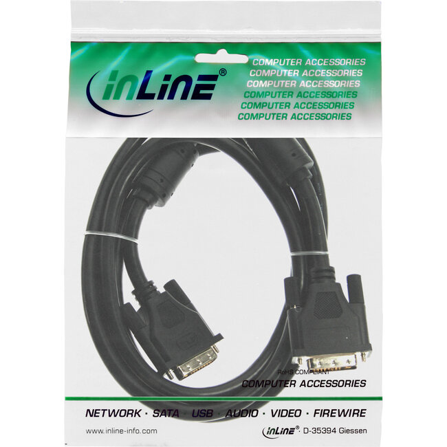 InLine® DVI-D kabel, digitaal 24+1 male / male, dual link, 2 ferrieten, 10m