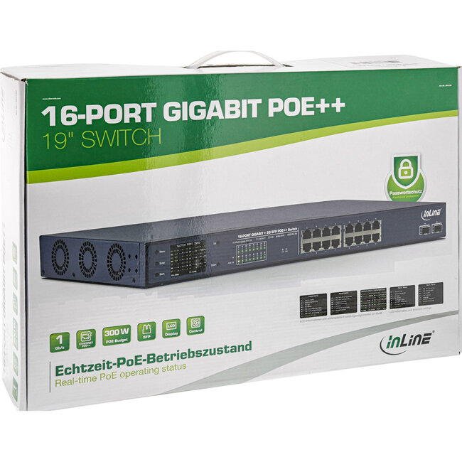 InLine® PoE++ Gigabit netwerkswitch 16 poorten, 1Gb/s, 2xSFP,19"1U(incl. beugel)