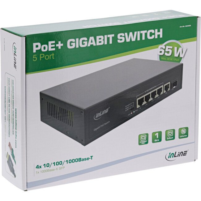 InLine® PoE+ Gigabit netwerkswitch 5 poorten (4x PoE+), 1xSFP, 1Gb/s, Desktop