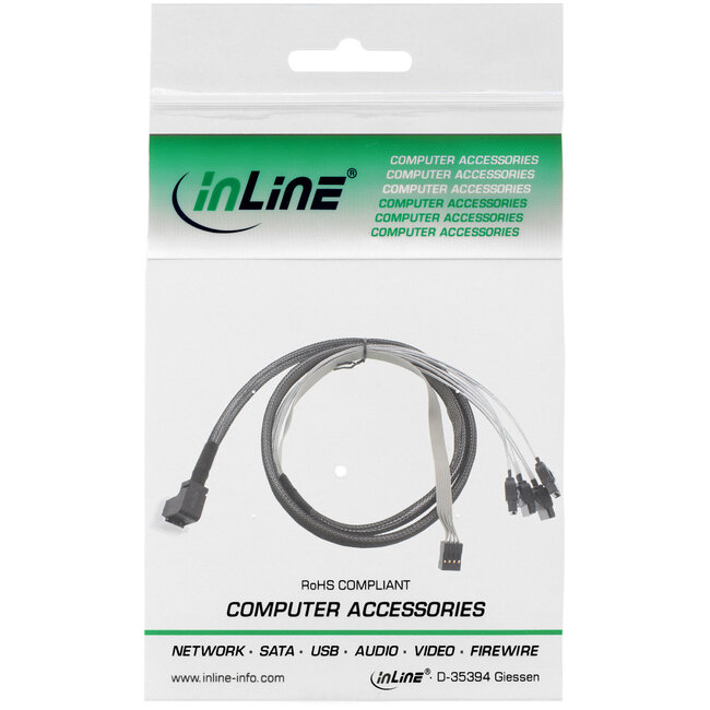 InLine® Mini SAS HD kabel, SFF-8643 haaks op 4x SATA + sideband, 0,5m
