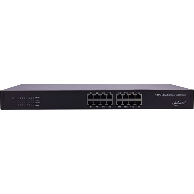 InLine® Gigabit netwerkswitch 16-poorts, 1Gb/s, 19" 1U, metaal, ventilatorloos