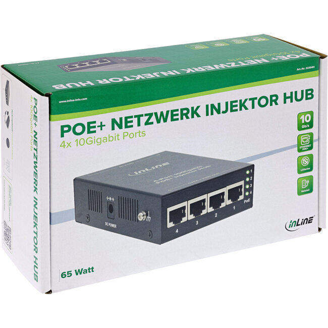 InLine® PoE+ 10Gigabit injector hub 4 poorten (4x PoE+), 10Gb/s, metaal