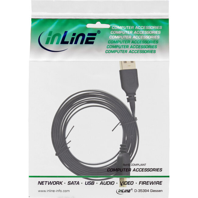 InLine® USB 2.0 platte kabel, USB A naar Mini-B, zwart, 3m