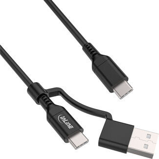 InLine InLine® 2-in-1 USB-C kabel + USB-A adapter, USB 2.0, 100W, TPE, zwart, 1m