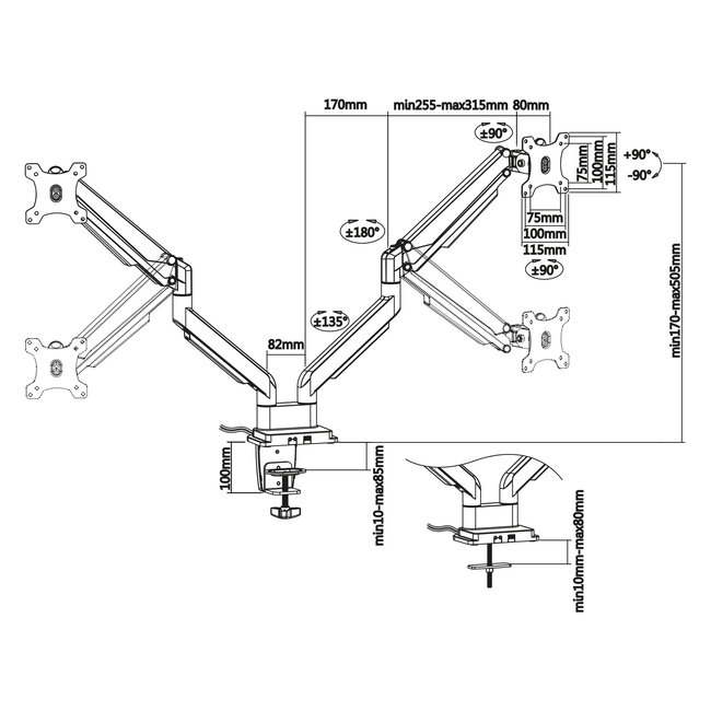 InLine® bureausteun met lifter & USB/audio, 2 monitoren tot 81cm (32"), zilver