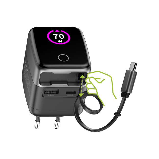 InLine® USB-voeding, 70W, GaN, USB-C PD + USB-A QC, kabel 60cm, zwart