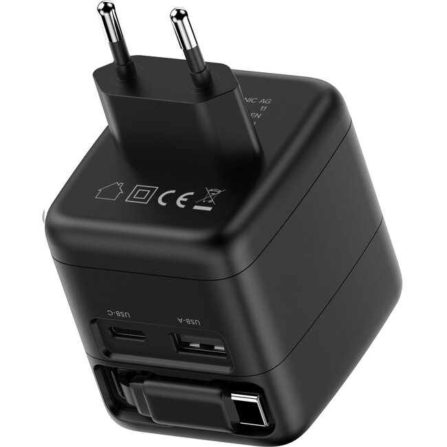 InLine® USB-voeding, 70W, GaN, USB-C PD + USB-A QC, kabel 60cm, zwart