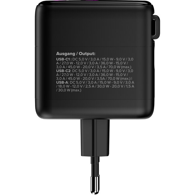 InLine® USB-voeding, 70W, GaN, USB-C PD + USB-A QC, kabel 60cm, zwart