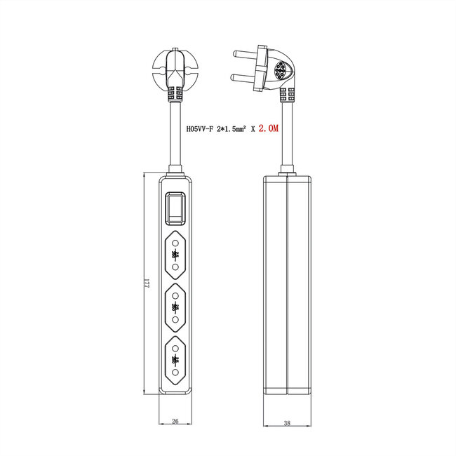 VALUE 3-fach Steckdosenleiste Euro-Stecker (2-polig), mit Schalter, weiß, 1,5 m