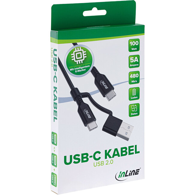 InLine® 2-in-1 USB-C kabel + USB-A adapter, USB 2.0, 100W, TPE, zwart, 2m