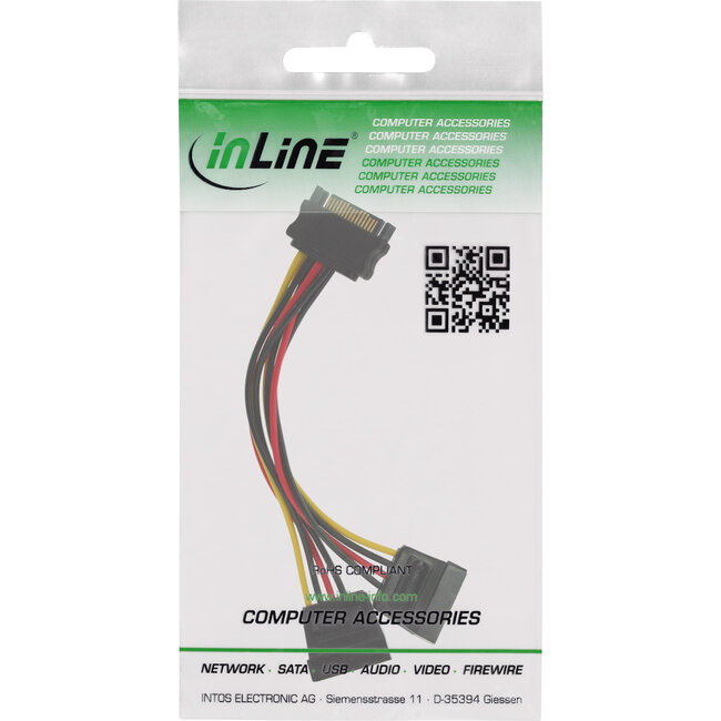 InLine® SATA power Y-kabel, SATA female naar 2x SATA ST met kabelschoen, 0,15m