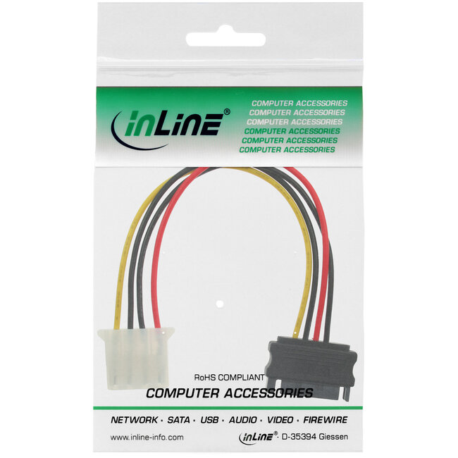 InLine® SATA-voedingsadapterkabel, 15-pins SATA-aansluiting naar 4-pins, 0,30m