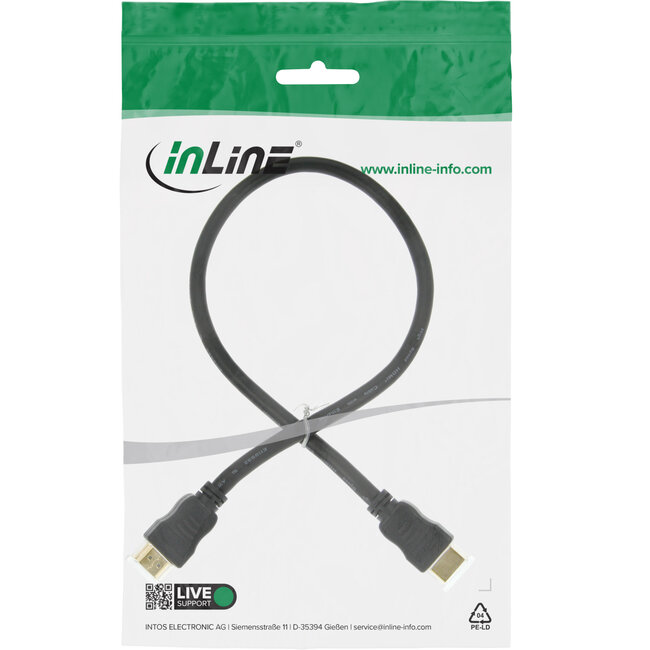 InLine® HDMI High Speed kabel met ethernet, male / male, zwart/goud, 0,3m