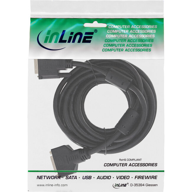 InLine® DVI-D kabel, Dual Link 24+1 male naar 24+1 female, 2 ferrieten, 5m