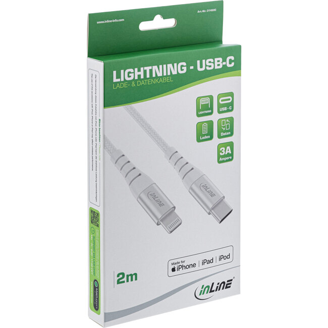 InLine® USB-C Lightning-kabel, voor iPad,iPhone,zilver/alum. 2m MFi-gecertific.