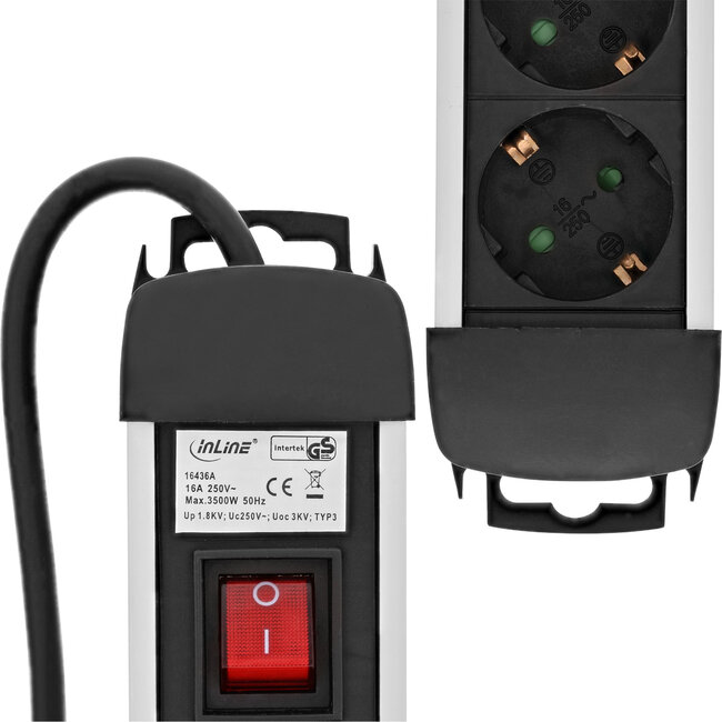 InLine® contactdoos aluminium, 3-voudig aardingscontact +oversp.+schakelaar,1,5m