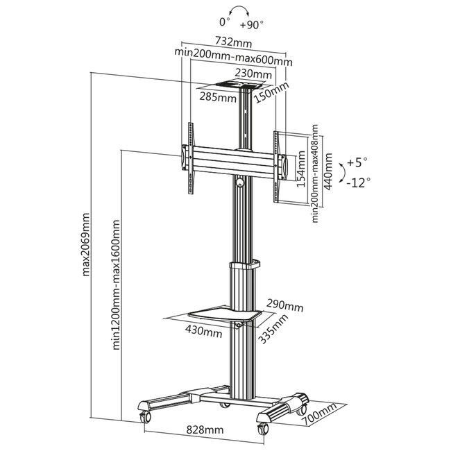 InLine® TV trolley, voor beeldschermen 37"-70" (94-178 cm), max. 50 kg