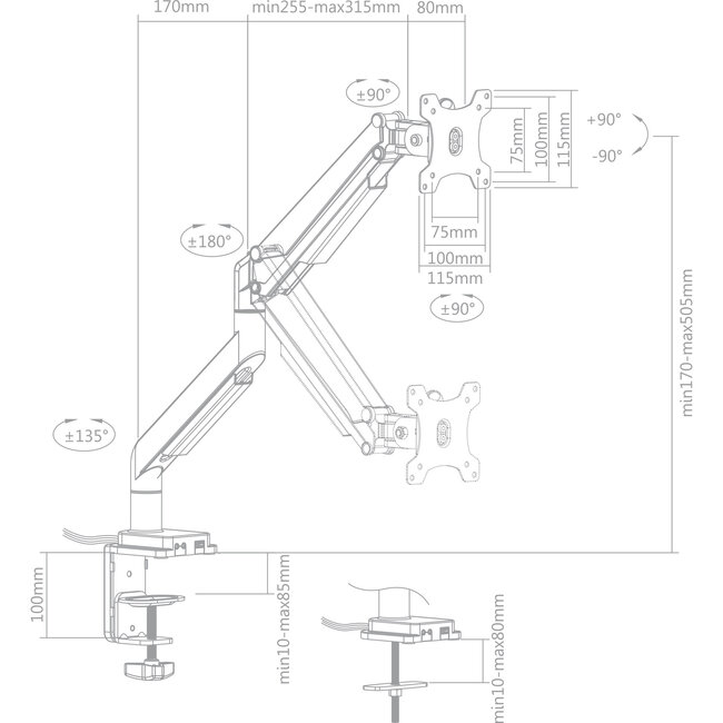 InLine® bureauhouder met lifter en USB/audio tot max. 82cm 32" 9kg