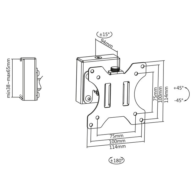 InLine® Slatwall monitorbeugel kort, VESA 75/100 mm, zwart