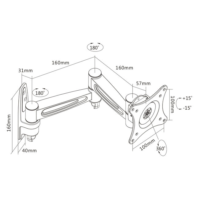 InLine® Muurbeugel, voor monitoren tot 69cm (27"), max. 15kg, 2-delige arm