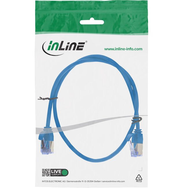 InLine® Patchkabel slim, U/FTP PiMf, Cat.6A, blauw, 0,5 m