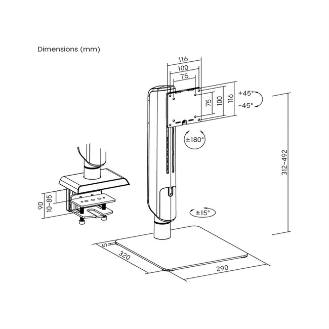 VALUE Schwerlast-LCD-Arm, freistehend, höhenverstellbar, < 124,46cm (49"), bis 18kg, schwarz