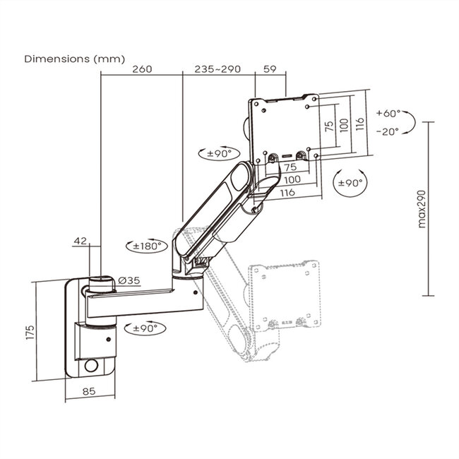 ROLINE LCD-Monitorhalterung mit Gasfeder, Wandmontage, hochbelastbar bis 27kg, <144,78cm (57")