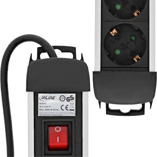 InLine® contactdoos aluminium, 3-voudig aardingscontact +oversp.+schakelaar,1,5m