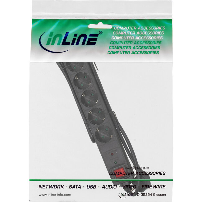 InLine® contactdoos, 6-voudig aardingscontact, met ÜSS, zwart