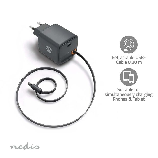 Nedis USB lader | 1x USB-C PD + uittrekbare USB-C kabel | GaN | 65W | zwart