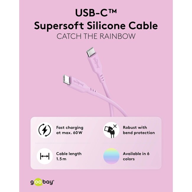 Goobay Set of 2 USB-C silicone cables, 1.5 m, pink