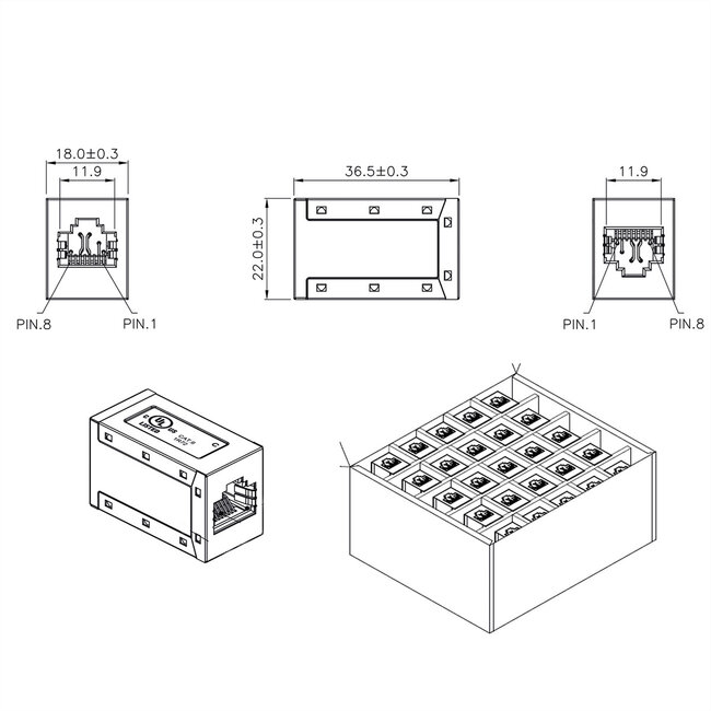 ROLINE RJ45 koppelstuk, afgeschermd, Cat.6 (Class E), Verpakking van 25 stuks
