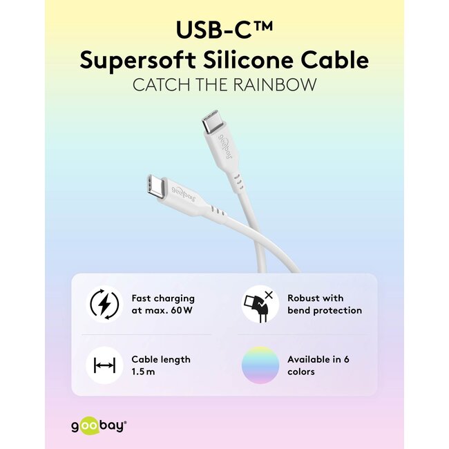 Goobay Pastel Power Pack Set of 6 USB-C Silicone Cables, 1.5 m, blue;pink;purple;turquoise;white;yellow