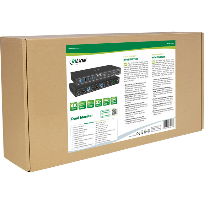 InLine® KVM-switch, 2-weg, HDMI & DP, dubbele monitor, 4K60Hz, USB-hub, zwart