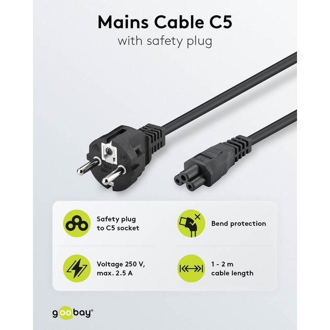 Goobay Mains Cable with Safety Plug, 1 m, black, (3*0.75 mm²)
