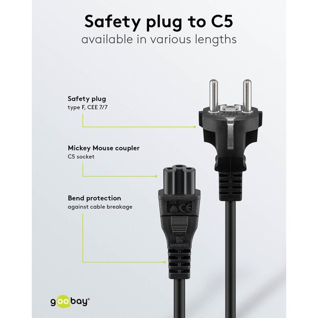 Goobay Mains Cable with Safety Plug, 1 m, black, (3*0.75 mm²)