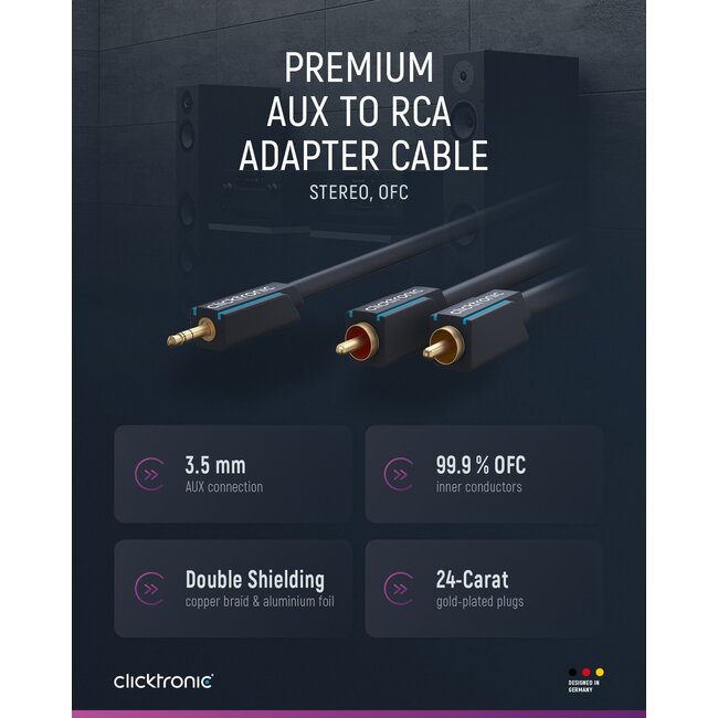 Clicktronic 3.5 mm AUX to RCA Adapter Cable, Stereo 2 m