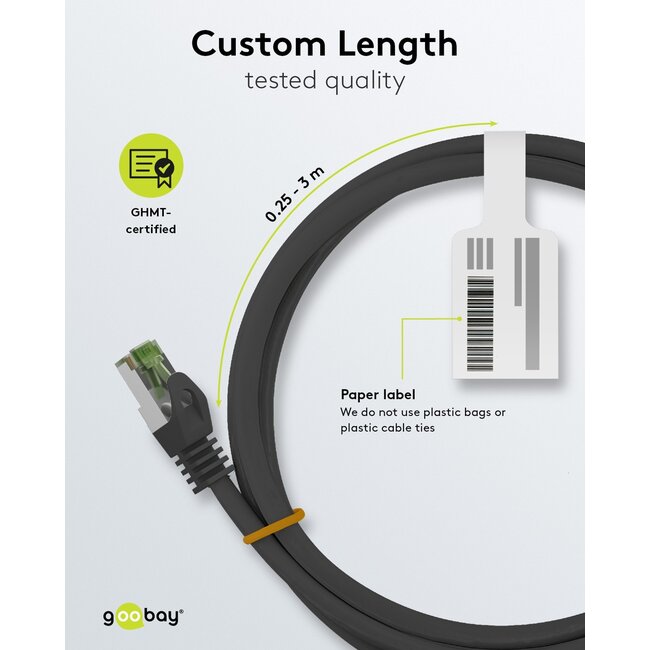 Goobay GHMT-certified CAT 8.1 S/FTP Patch Cord, AWG 26, black 3 m