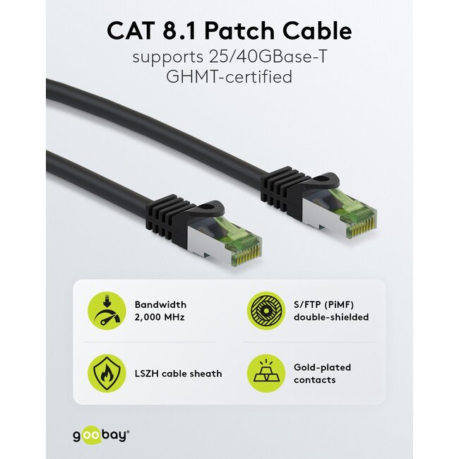 Goobay GHMT-certified CAT 8.1 S/FTP Patch Cord, AWG 26, black 2 m