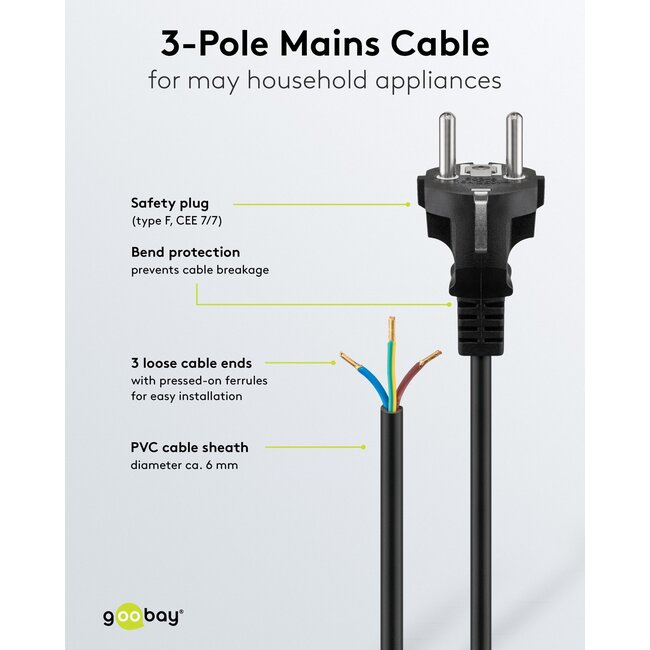 Goobay Protective Contact Cable for Assembly, 2 m, Black, (3*1.5 mm²)