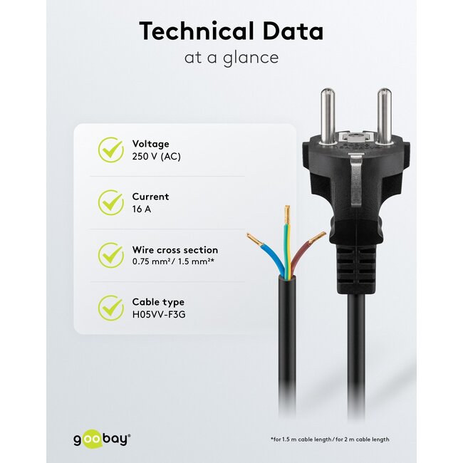 Goobay Protective Contact Cable for Assembly, 2 m, Black, (3*1.5 mm²)