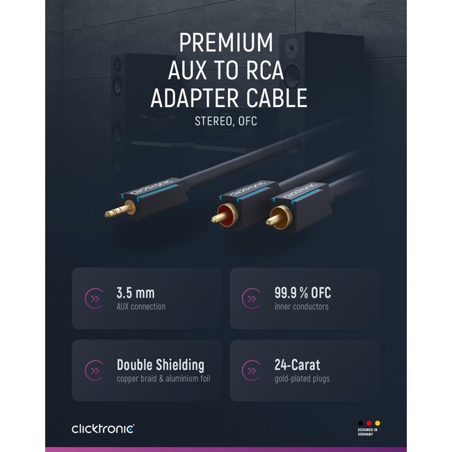 Clicktronic 3.5 mm AUX to RCA Adapter Cable, Stereo 10 m