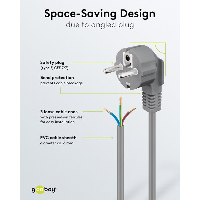 Goobay Angled Protective Contact Cable for Assembly, 1.5 m, Grey, (3*0.75 mm²)