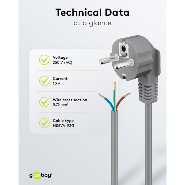 Goobay Angled Protective Contact Cable for Assembly, 1.5 m, Grey, (3*0.75 mm²)