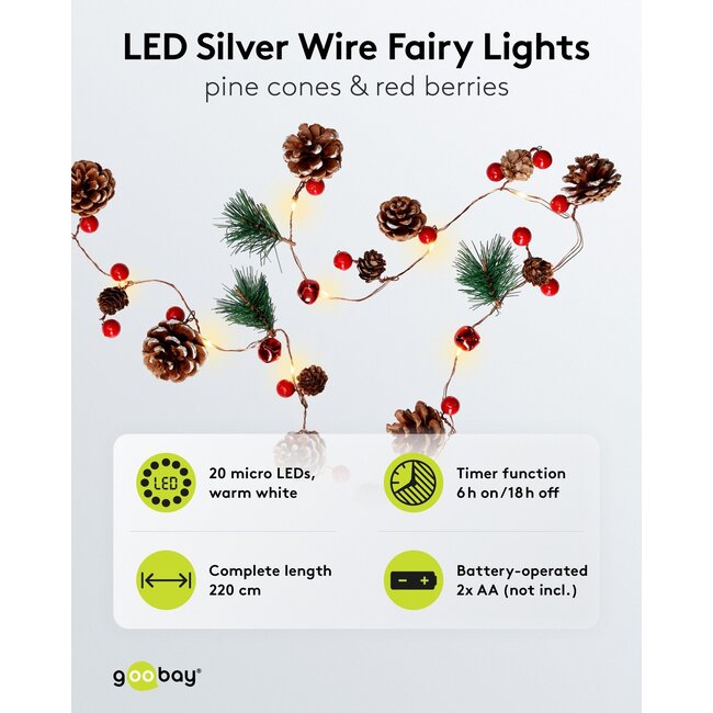 Goobay 20 LED Silver Wire Fairy Lights "Pine Cones & Red Berries"
