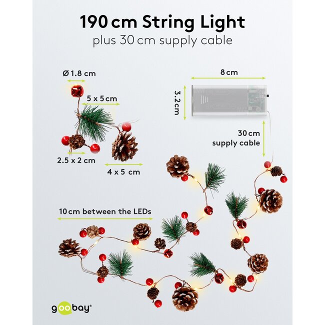 Goobay 20 LED Silver Wire Fairy Lights "Pine Cones & Red Berries"
